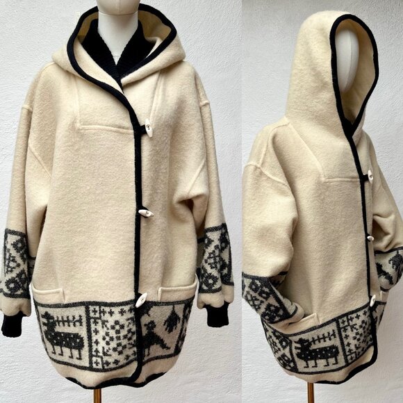 Vintage Alafoss Of Iceland Hooded Wool Sweater Jacket Toggle Buttons UNISEX M/L - Picture 1 of 16